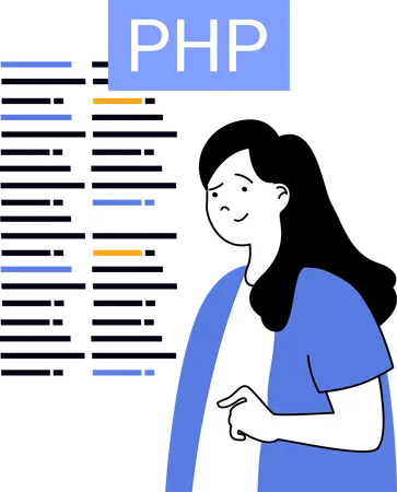 PHP 코딩을 하는 여성 개발자  일러스트레이션