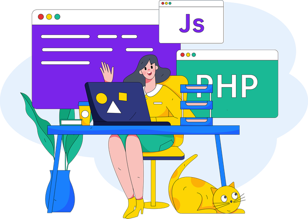 Female developer doing programming work  Illustration