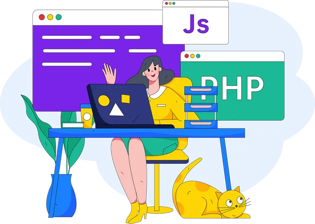 Female developer doing programming work  Illustration