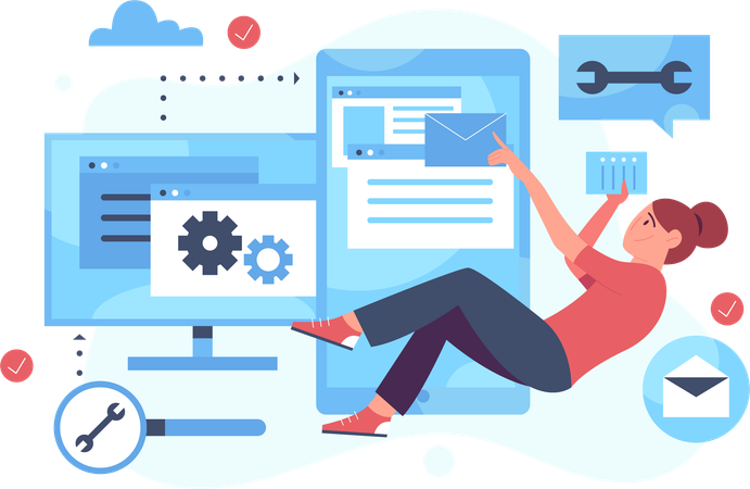 Female developer  fixing the system  Illustration