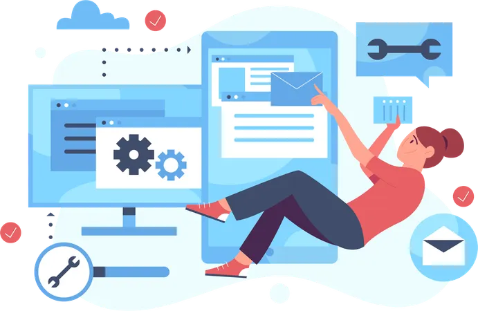 Female developer  fixing the system  Illustration