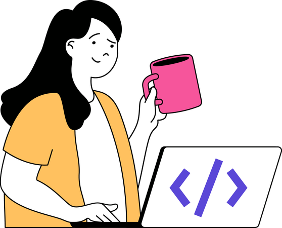 Female developer holding coffee cup while doing conding  Illustration