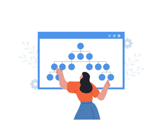 Female Developer organizes site architecture. Diagram and structure website  Illustration