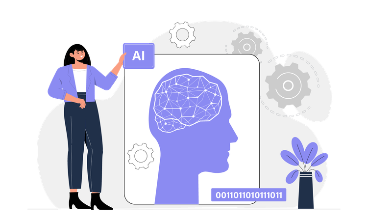 AI 프로그래밍을 보여주는 여성 개발자  일러스트레이션