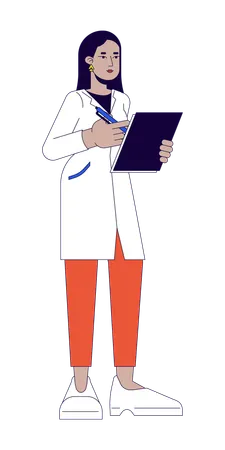 Female Doctor With Clipboard 2 D Linear Cartoon Character Healthcare Worker Woman Medical Specialist Isolated Line Vector Person White Background Lab Assistant In Robe Color Flat Spot Illustration Illustration