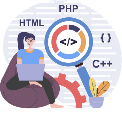 Female developer working in coding languages  Illustration