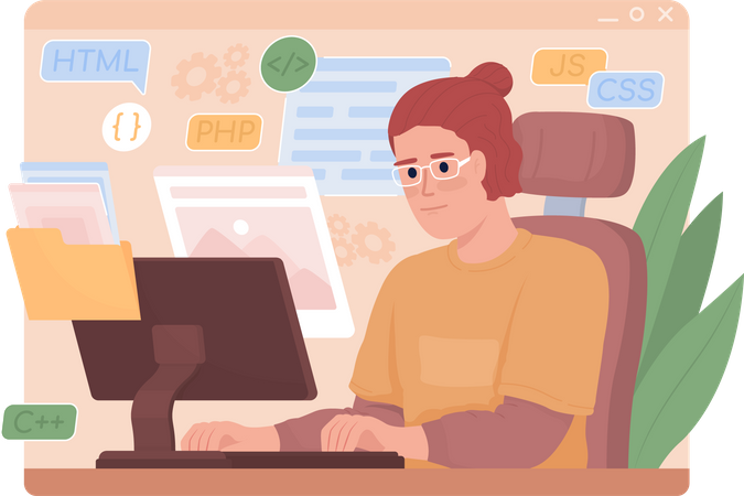 Female developer working on computer Illustration