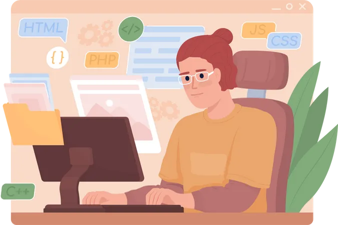 Female developer working on computer Illustration