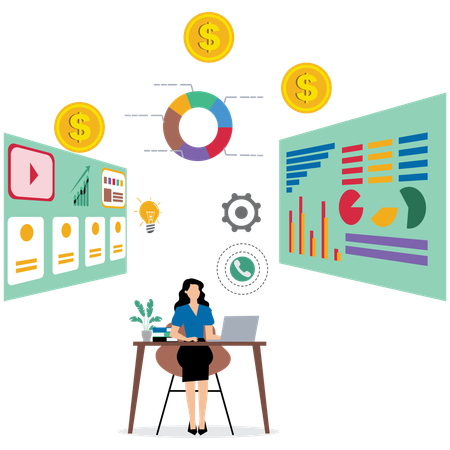 Female developer working on data analytics  Illustration