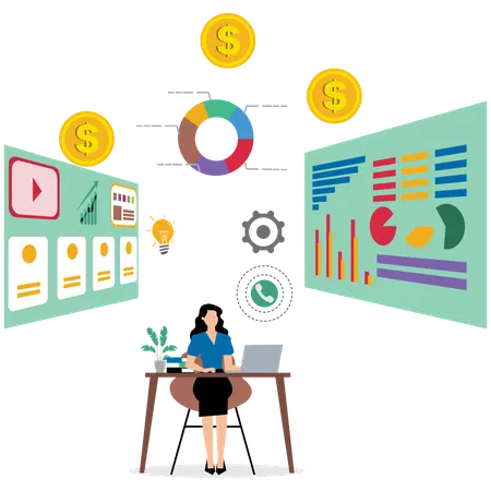 Female developer working on data analytics  Illustration
