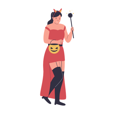 Female devil holding pumpkin basket and magic wand  Illustration