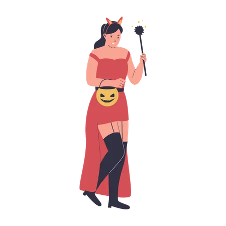 Female devil holding pumpkin basket and magic wand  Illustration