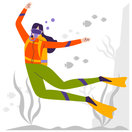 Female diver diving underwater  Illustration