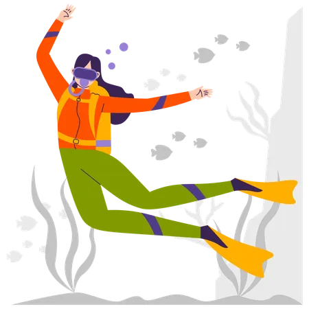 Female diver diving underwater  Illustration