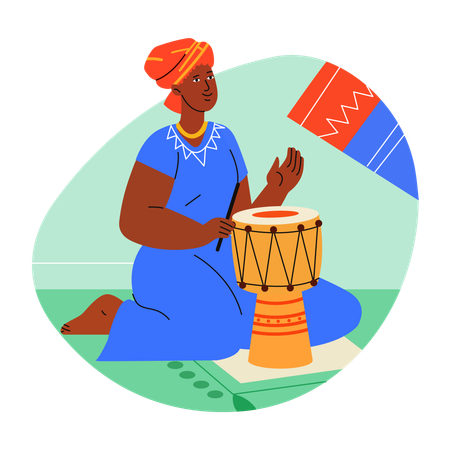 Female Djembe player playing conga drum  Illustration