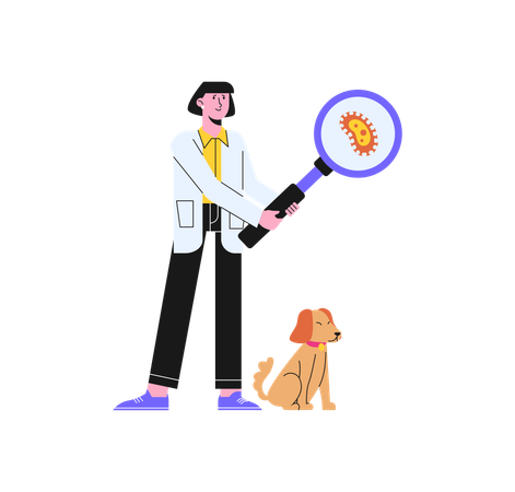 Female Doctor Analyzing Viruses on Dog Illustration