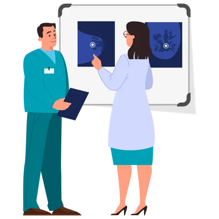 Female doctor and intern examine breast screen with mammary cancer Illustration