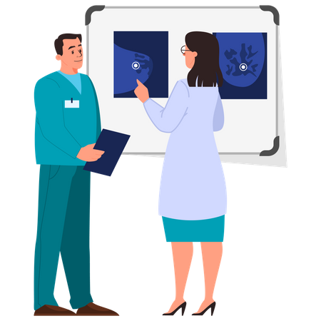 Female doctor and intern examine breast screen with mammary cancer  Illustration