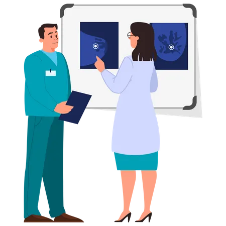 Female doctor and intern examine breast screen with mammary cancer  Illustration