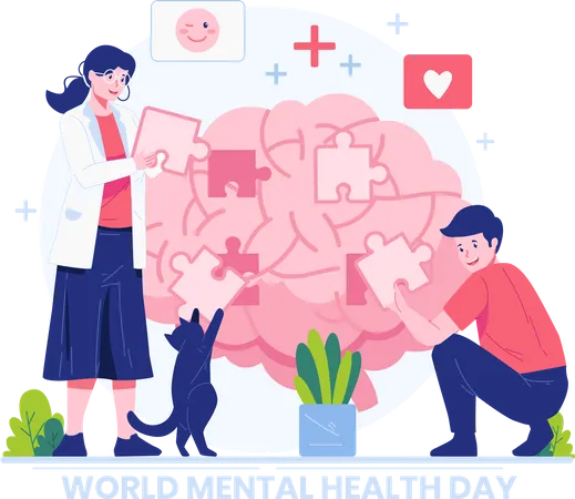 World Mental Health Day Concept Illustration A Female Psychology Specialist Doctor And A Man Work Together To Connecting Jigsaw Piece Puzzle To A Huge Brain Illustration