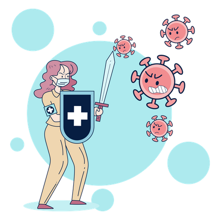 Female doctor battling with covid germs Illustration