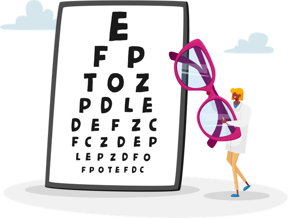 Female Doctor Carry Huge Eyeglasses front of Chart for Vision Checkup Illustration