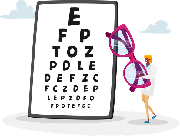 Female Doctor Carry Huge Eyeglasses front of Chart for Vision Checkup  Illustration