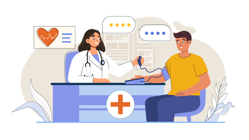 Female doctor checking blood pressure of male patient  Illustration