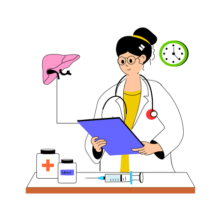 Female Doctor Checking Liver Report  Illustration