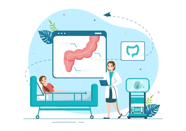 Proctologist Or Colonoscopy Illustration With A Doctor Examines Of The Colon And Harmful Bacteria In Cartoon Hand Drawn For Landing Page Templates Illustration