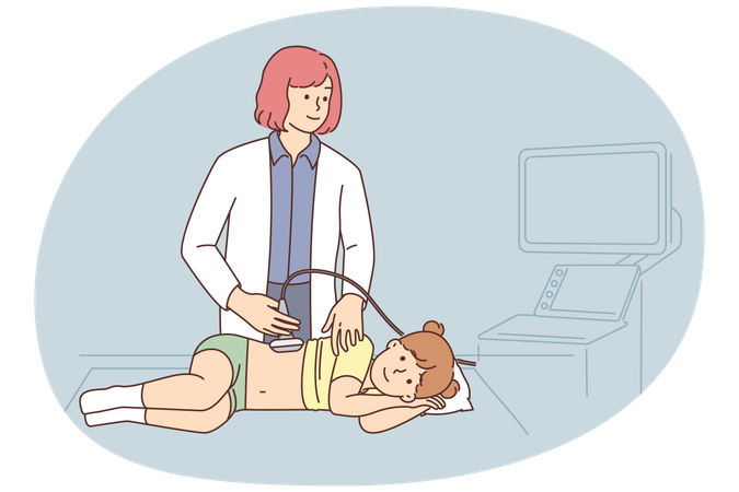 Female doctor do ultrasound of girl in clinic  Illustration