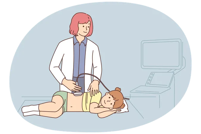 Female doctor do ultrasound of girl in clinic  Illustration