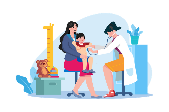 Female doctor doing a check-up of a little boy Illustration