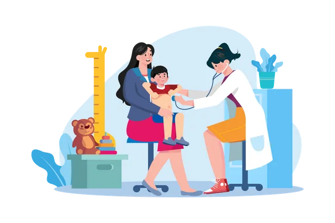 Female doctor doing a check-up of a little boy Illustration