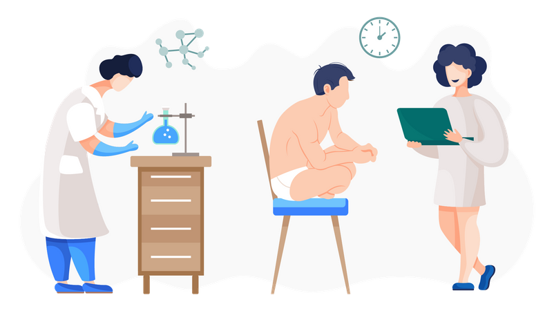 Female doctor doing experiment with man  일러스트레이션