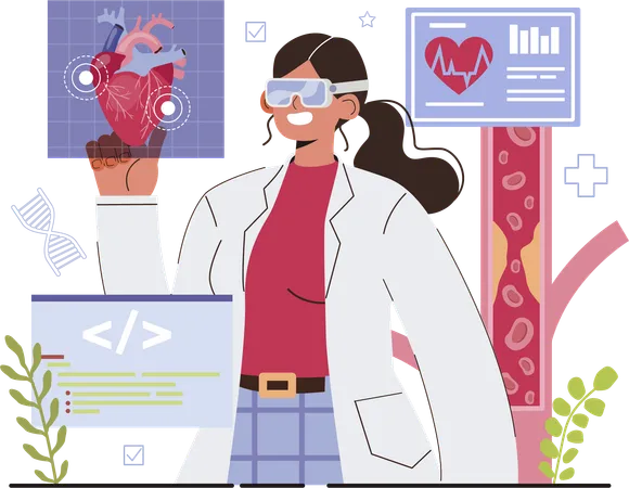 Female doctor doing heart analysis using vr glasses  일러스트레이션