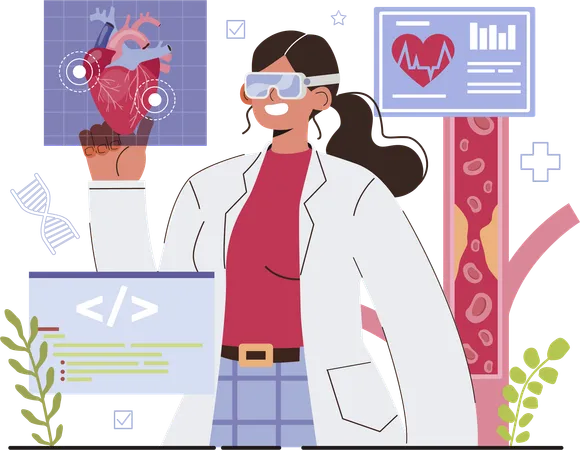 Female doctor doing heart analysis using vr glasses  Illustration