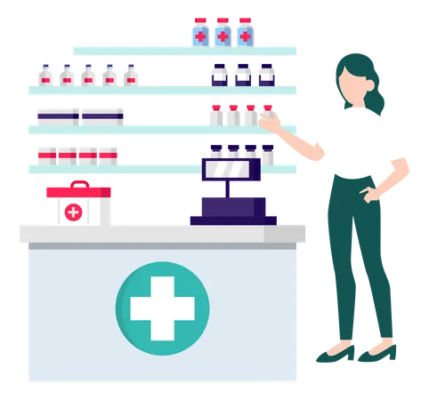 Girl Showing Medicine In Pharmacy Illustration