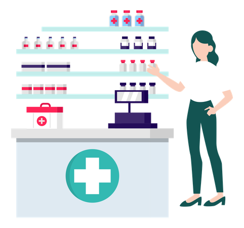 Female Doctor Explaining About Medicine In Pharmacy  Illustration