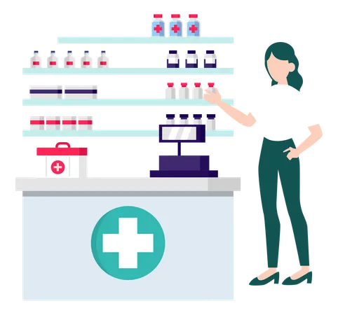 Female Doctor Explaining About Medicine In Pharmacy  Illustration