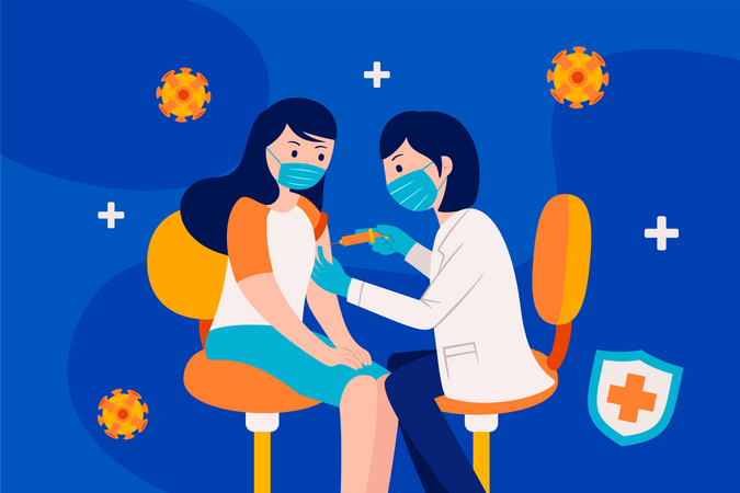 Female Doctor giving corona vaccine to girl Illustration