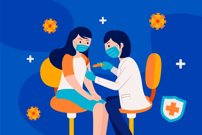 Female Doctor giving corona vaccine to girl  Illustration