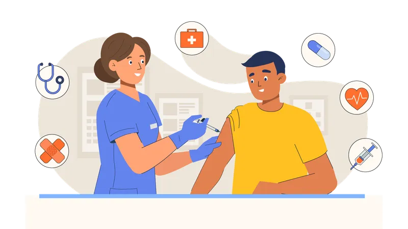 Female doctor giving injection to male patient  Illustration