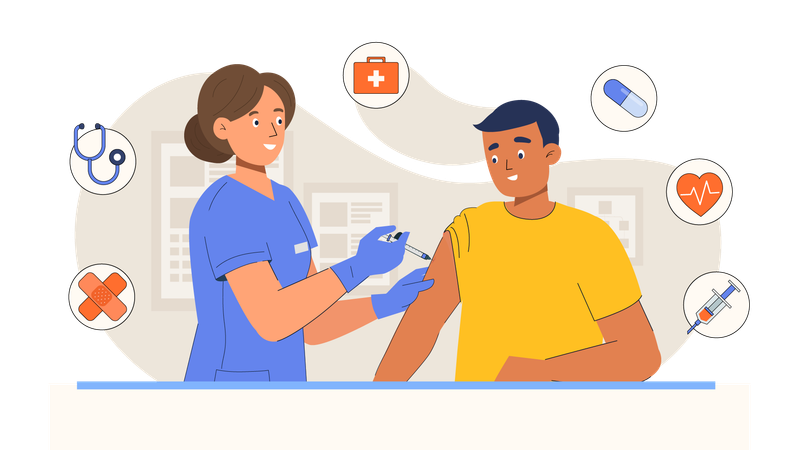 Female doctor giving injection to male patient  Illustration