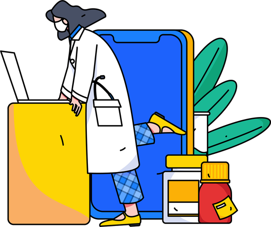 Female doctor giving medicine on laptop  Illustration