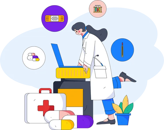 Female doctor giving medicine on laptop  Illustration