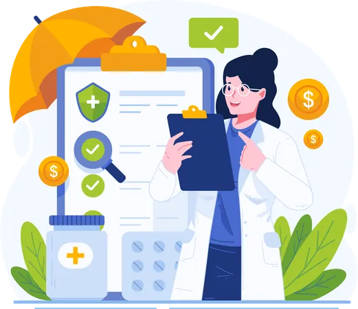 Medical Insurance Concept Illustration A Female Doctor Holding A Clipboard Explains A Health Insurance Policy イラスト