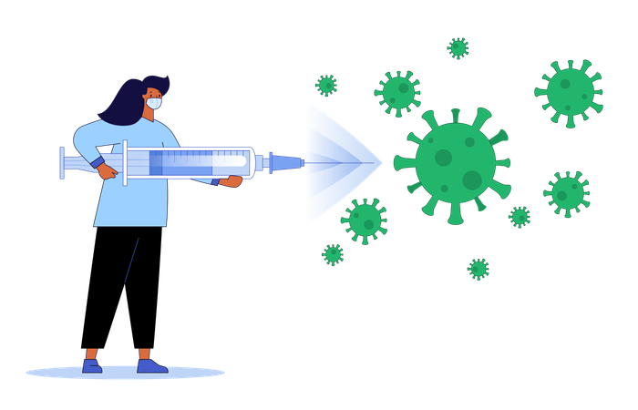 백신을 주입하기 위해 거대한 주사기를 들고 있는 여성 의사  일러스트레이션