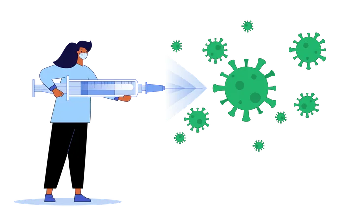 백신을 주입하기 위해 거대한 주사기를 들고 있는 여성 의사  일러스트레이션
