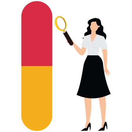 Female doctor holding Magnifying Glass while doing medicine research  Illustration
